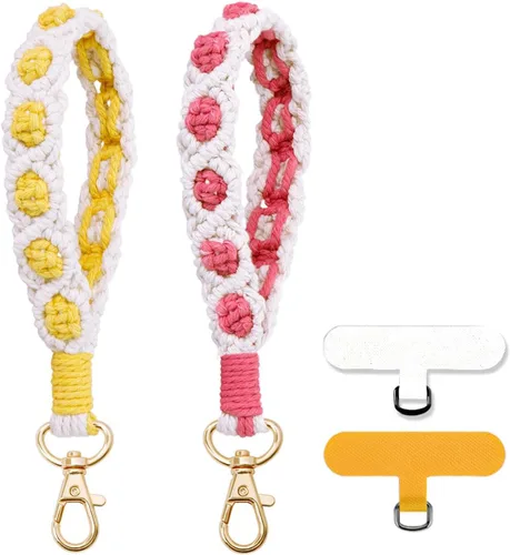 Vista 11 de Correa de muñeca para teléfono estilo boho macramé, cordón para teléfono celular con pestaña de anclaje, llavero con dije para muñeca, cadena