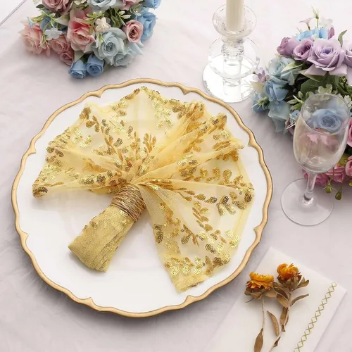 Vista 5 de Efavormart Servilletas de tela de cena con hojas de oro brillante y enredaderas bordadas con lentejuelas, servilletas decorativas transparentes