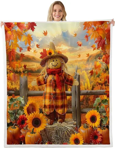 Vista 12 de Manfei Hello Fall Throw Blanket Pumpkin Maple Leaf Plaid Patchwork Fleece Blanket Autumn Theme Cozy Throws for Bed Couch Sofa,Kids Boys Girls Room
