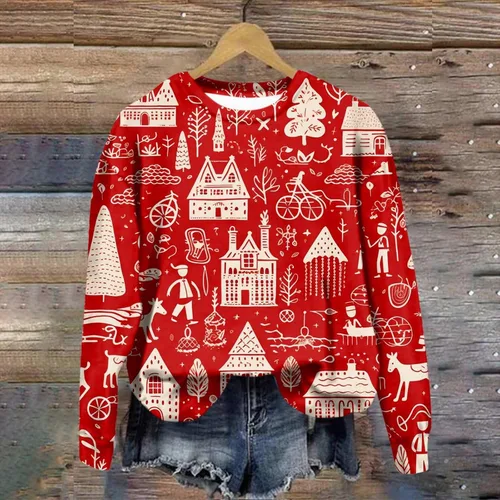 Vista 4 de Traje de Navidad para mujer, de gran tamaño, lindo estampado gráfico 3D, cuello redondo, manga larga, traje de invierno