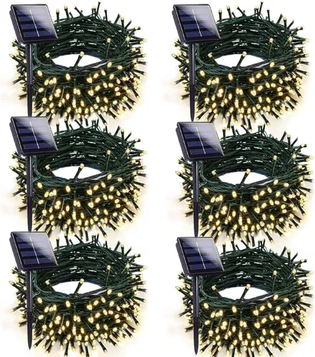 Vista 12 de Paquete de 2 luces solares de Navidad multicolor para exteriores, impermeables, 200 LED de 66 pies, cable verde con 8 modos, luces solares de hadas