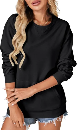 Vista 6 de OPOIPIN Suéter con bolsillo de manga larga y cuello redondo para mujer, estilo casual