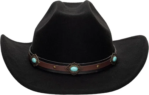 Vista 8 de Sombrero de vaquero occidental para hombres y mujeres, sombrero clásico de Fedora con cinturón de hebilla