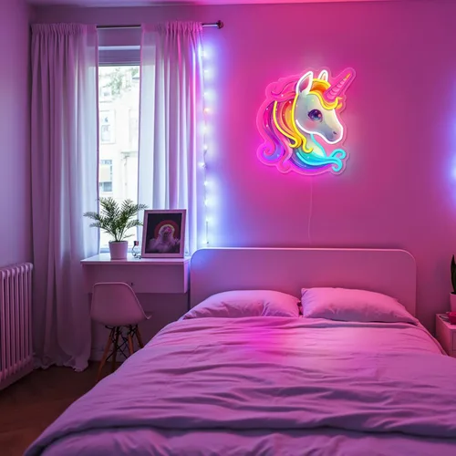 Vista 7 de Letrero de neón de unicornio, coloridos letreros de neón de unicornio para decoración de pared, luces de neón acrílicas regulables para habitación