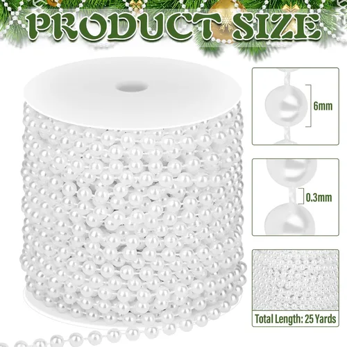 Vista 3 de PAXCOO Guirnalda de perlas blancas, hebras de perlas para decoración de árbol de Navidad, suministros de fiesta de boda