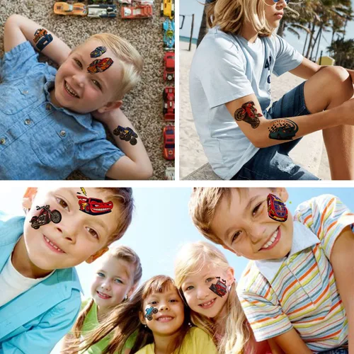 Vista 6 de CHARLENT 148 tatuajes temporales de autos de carreras y camión monstruo para niños, tatuajes individuales de automóvil GoKart para niños, regalos
