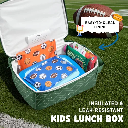 Vista 6 de Fit & Fresh Lonchera personalizable con dije para niños y niñas, lonchera infantil de fútbol con 6 dijes deportivos, bolsa de almuerzo reutilizable