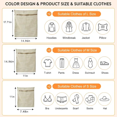 Vista 4 de Bolsa de 6 piezas, bolsa de lavandería de malla de algodón duradera, cremallera resistente, malla transpirable, exquisita bolsa de lavandería
