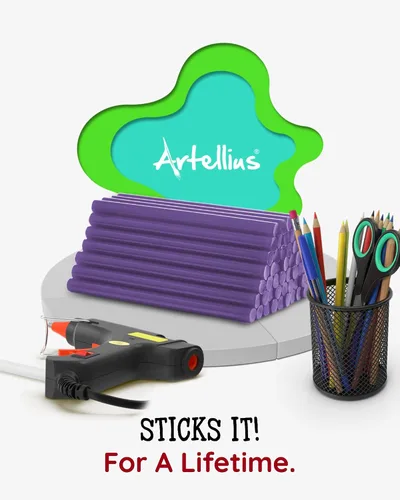 Vista 4 de Artellius Mini barras de pegamento caliente, paquete de 100, morado, estilo gatillo, barras de pegamento termofusible para uso en todas