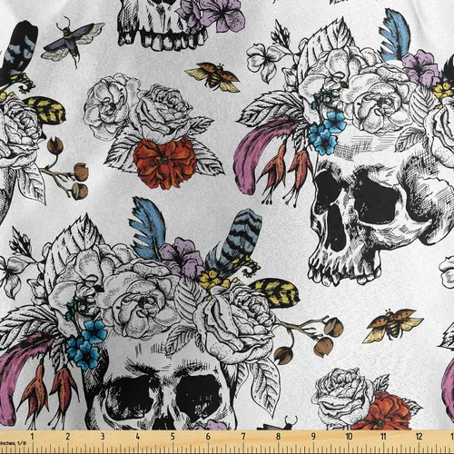Vista 138 de Ambesonne The Yard, tela de calavera colorida con temática de Halloween, diseño de calavera y huesos cruzados, divertido estampado de dibujos