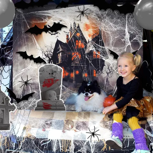 Vista 5 de Fulmoon Kit de decoración de Halloween para maletero o automóvil con calcomanía de lápida, telarañas, murciélagos, banderines de susto, lápida