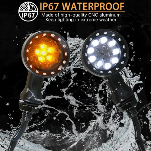 Vista 6 de DREAMIZER - Luces de señal de giro para motocicleta, color negro, 15 LEDs, diseño de bala, luces indicadoras delanteras y traseras, luz blanca y Luz