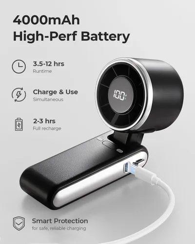 Vista 5 de Ventilador Portátil de Mano Turbo - 5 Velocidades Alta Velocidad 4000mAh Mini Ventilador de Mano Personal Recargable Sopla Aire Frío, Operado por