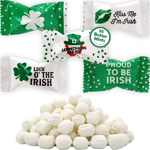 Vista 9 de Caramelos de menta irlandesa de San Patricio, paquete de 55 mentas después de la cena, caramelo de mantequilla y menta, diseño de leprauchan verde