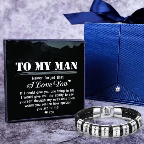 Vista 3 de Pulsera trenzada negra personalizada para hombre, pulsera personalizada con 1-8 cuentas personalizadas, nombres de la familia, joyería para hombres