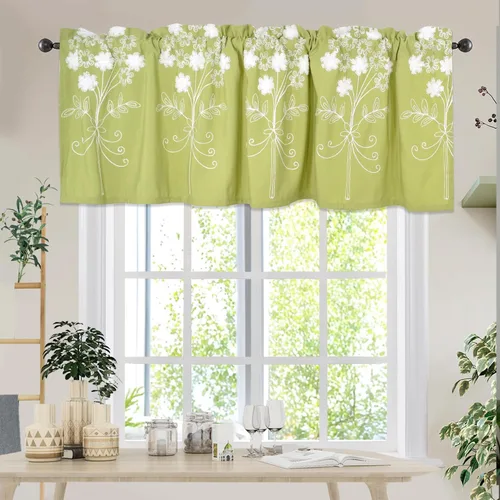 Vista 11 de Molaxhome Cenefas de ventana bordadas florales opacas con bolsillo para barra, cortinas para cocina, color verde, 29 pulgadas de ancho x 24 pulgadas