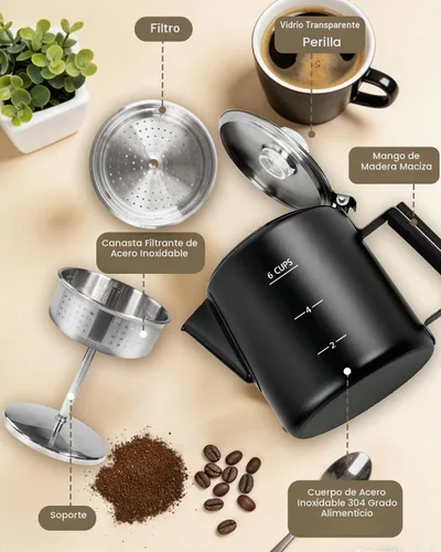 Vista 8 de Cafetera Percoladora de acero inoxidable 304, estufa de olla fácil de preparar y calentar uniformemente, 6 tazas 33.8 onzas, 33.8 fl oz, diseño Negro
