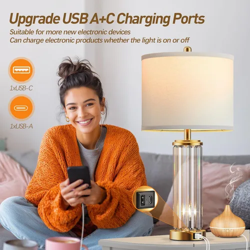 Vista 4 de QiMH Juego de 2 lámparas de mesa doradas para dormitorio, con luz nocturna, moderna lámpara de noche con 2 puertos de carga USB A+C, lámpara