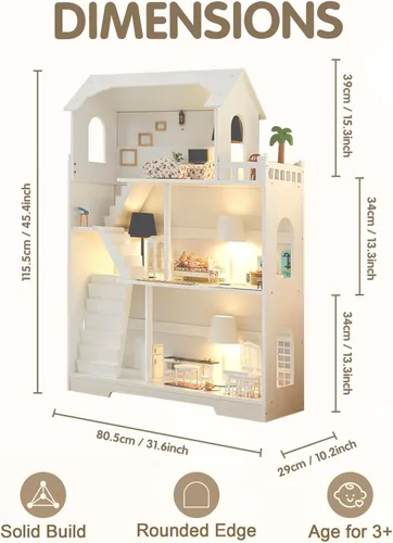 Vista 12 de Estantería de Casa de Muñecas de Madera - Estantería de Casa de Muñecas para Niños Pequeños, Espacio Extra para Almacenamiento de Juguetes y Libros