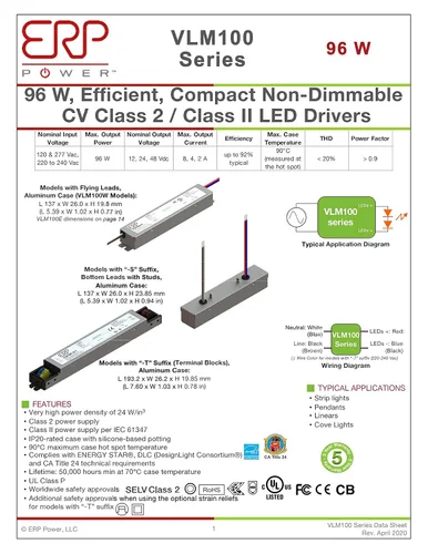 Vista 3 de SIRS-E ERP VLM100W-24 Voltaje constante DC Power Compact LED Driver 24V 4A 96W UL Clase P para luces LED e iluminación
