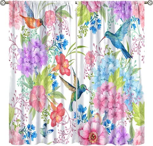 Vista 17 de Cortinas opacas de flores de colibrí, para dormitorio y sala de estar, diseño estético rústico y moderno, juego de 2 paneles, 42 x 45 pulgadas