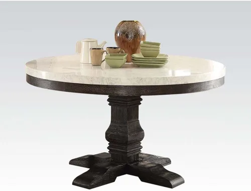 Vista 4 de Juego de muebles de cocina con tapa de mármol blanco juego de mesa de comedor de madera (mesa redonda+6 sillas)