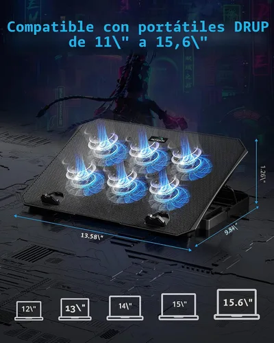 Vista 8 de AICHESON Almohadilla de enfriamiento para laptop de 12 a 15.6 pulgadas, 6 ventiladores más fríos con luces azules, soporte de enfriamiento