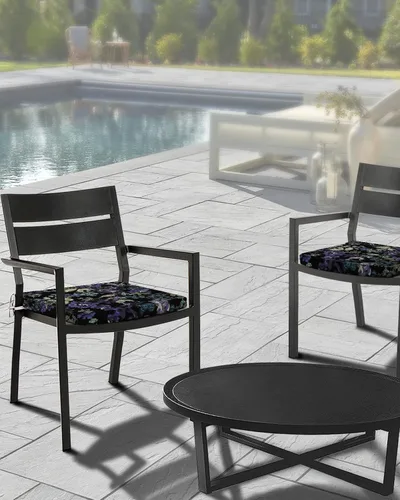 Vista 3 de Paquete de 2 fundas de cojín para sillas de exterior, impermeables, botánicas, fundas de sofá para sofá, flores moradas, hojas verdes, dibujadas a