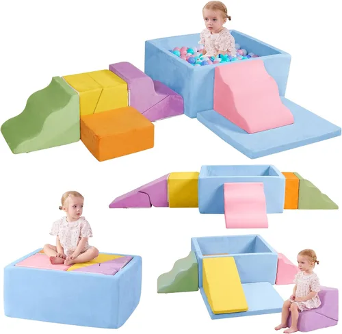 Vista 7 de Bloques de escalada de espuma de 6 piezas con pozo de bolas cuadrado grande, gris Modular Climb & Crawl Play Set for Toddlers,Soft Play Equipment
