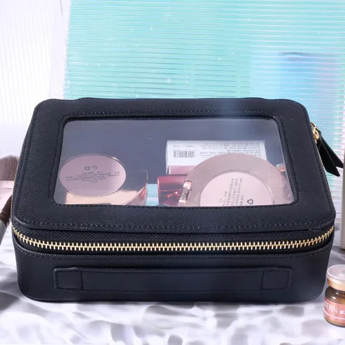 Vista 4 de SANHECUN Neceser organizador de cosméticos impermeable con asa lagre apertura para viajes organizadores de automóviles (negro)