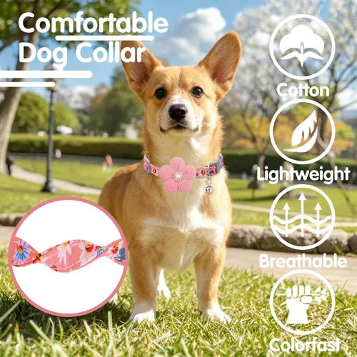 Vista 4 de Collar para perro mediano con flor, collares de perro para perros medianos Collar para niña Collar de perro lindo con campana, longitud ajustable