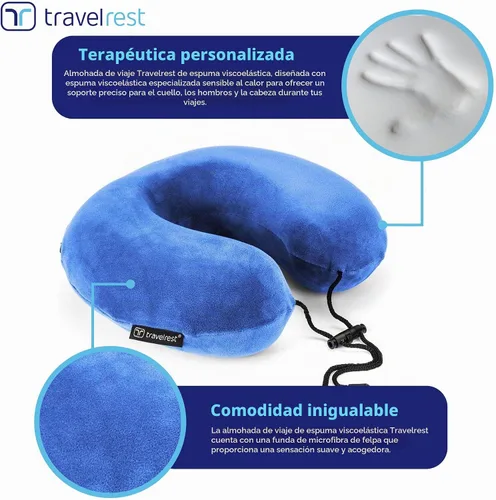 Vista 3 de Almohada terapéutica de viaje Travelrest, viscoelástica, de felpa, con cobertura de microfibra lavable, se engancha al equipaje, Memory Foam, Azul