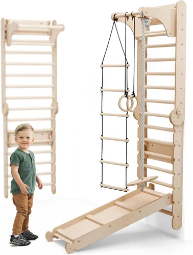 Vista 11 de Goodevas Mejora el marco de escalada interior 9 en 1 para niños, marco de escalada Montessori con tobogán, columpio, pared de escalada, triángulo