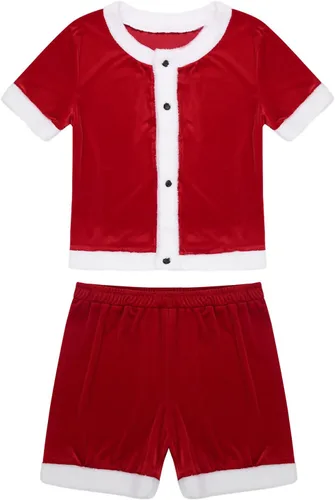 Vista 5 de Moily Traje de terciopelo de Papá Noel de terciopelo para hombre, manga corta, botones y bragas sueltas