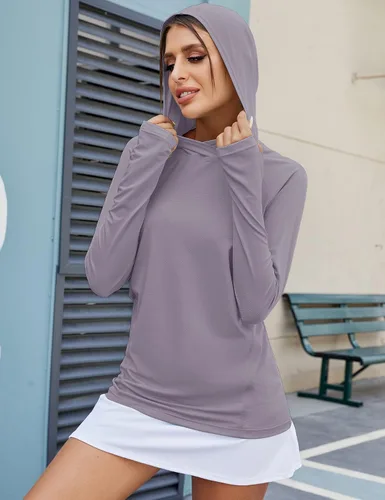 Vista 3 de LUYAA Sudadera con capucha para mujer, con protección solar UPF 50+, transpirable, elástica, de manga larga, para correr, entrenamiento al aire libre