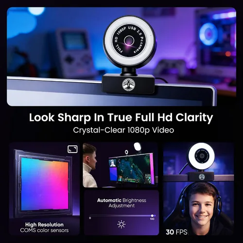 Vista 6 de Kit de transmisión de cámara web con micrófono USB RGB y luz LED, paquete de cámara de transmisión de 1080P 30FPS para Twitch, YouTube, podcasting