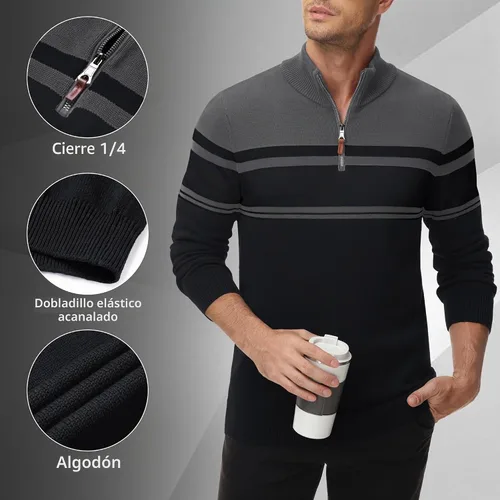 Vista 6 de MAGNIVIT Suéter para hombre, con cremallera de un cuarto, a rayas, para otoño, invierno, primavera, bloque de color, polo, sudaderas Negro