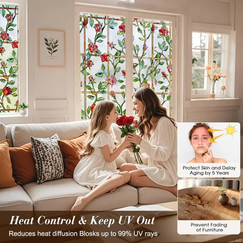 Vista 8 de Windimiley Película decorativa para ventana de vitral, 3D con diseño floral de rosas, película adhesiva estática de privacidad que difunde la luz