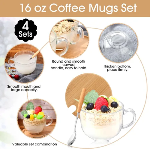 Vista 8 de Sliner 4 juegos de 16 onzas Tazas grandes de vidrio de otoño con tapas de bambú, cucharas, asa, tazas de té de vidrio transparente vintage