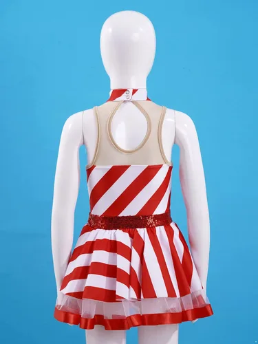 Vista 3 de CHICTRY Leotardo de baile de bastón de caramelo con estampado de rayas para niñas, vestido tutú de ballet, disfraz de Papá Noel elfo