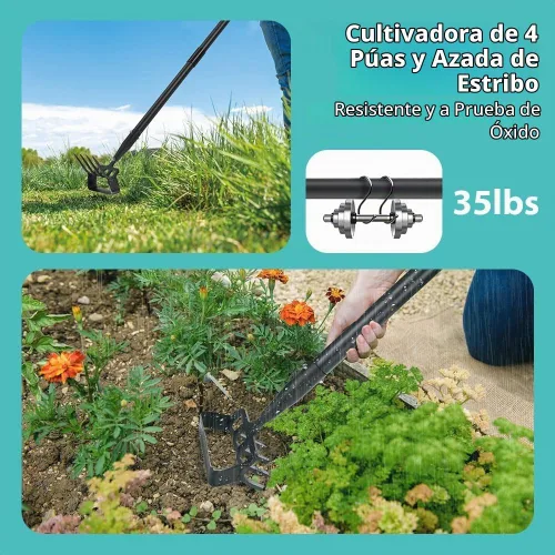 Vista 3 de Ihomepark Azada de jardín, azada de estribo con mango ajustable para excavadora de deshierbe aflojando el suelo, azada de cultivo de jardín