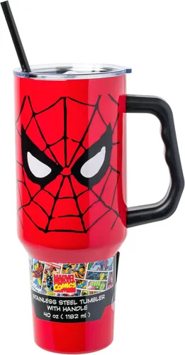 Vista 17 de Silver Buffalo Marvel Avengers - Vaso de acero inoxidable con asa, popote y tapa de pajilla, diseño de Iron Man, Capitán América, Blue Beetle, Thor