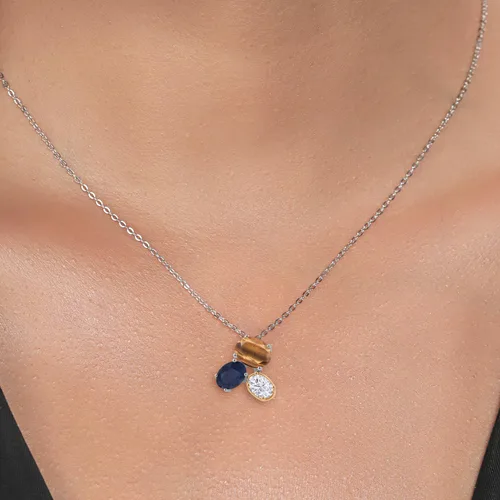 Vista 3 de Gem Stone King Collar con colgante de plata 925 y oro amarillo de 10 quilates, ojo de tigre marrón, zafiro azul y moissanita blanca para mujer