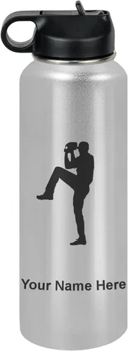 Vista 15 de LaserGram Botella de agua personalizada, jarra de béisbol, acero inoxidable de doble pared aislada al vacío con popote superior, regalo grabado Negro