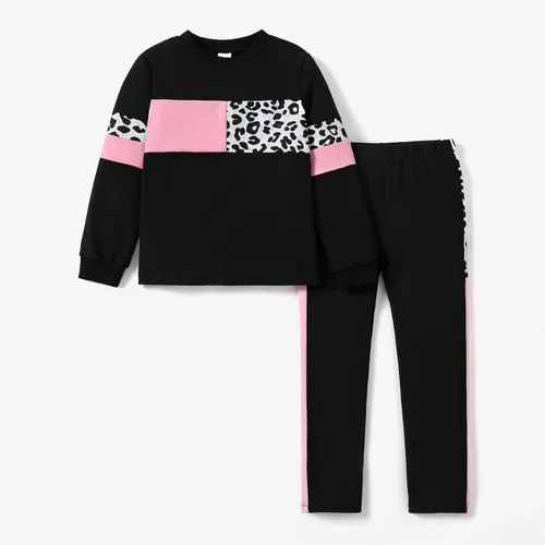 Vista 2 de PATPAT Conjunto de 2 piezas para niñas, camiseta de bloque de color de leopardo, camiseta de cuello redondo, leggings negros, pantalones deportivos
