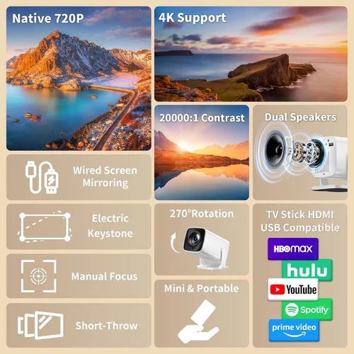 Vista 10 de Mini proyector con soporte 4K, proyector portátil de corto alcance (Luna)