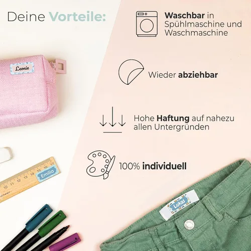 Vista 3 de Etiquetas de nombre personalizadas para niños [70 unidades] – Calcomanías de nombre impermeables para la escuela, artículos y ropa – Etiquetas