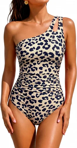 Vista 14 de Women's One Shoulder One Piece Tummy Control Swimsuit Full Coverage Diseño de ojo de cerradura, ajuste de cobertura completa, estilo modesto Negro