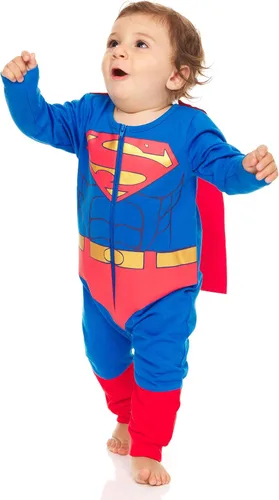 Vista 2 de DC Comics Disfraz de superhéroe para bebé, body con cremallera y capa, disfraz de Superman para bebé y disfraz de Batman para bebé