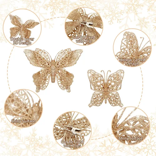 Vista 3 de Liliful 32 piezas de adorno de mariposa de purpurina navideña con clip, mariposa hueca, decoración de Navidad artificial, adorno colgante con clip